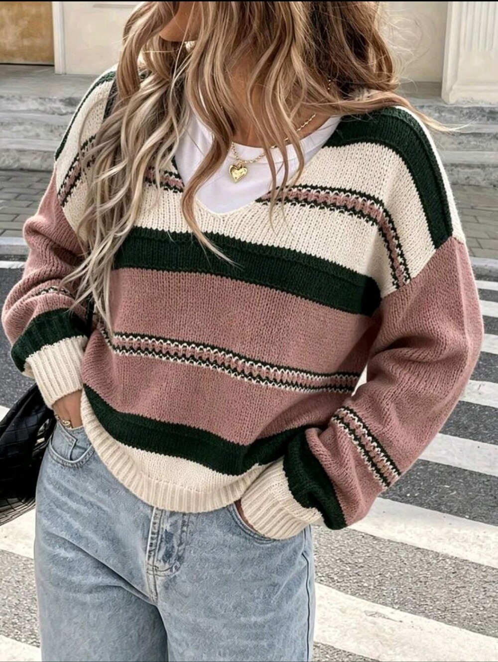 BRAND NEW ** Striped V-Neck Pullover Sweater in Dusty Rose & Cream